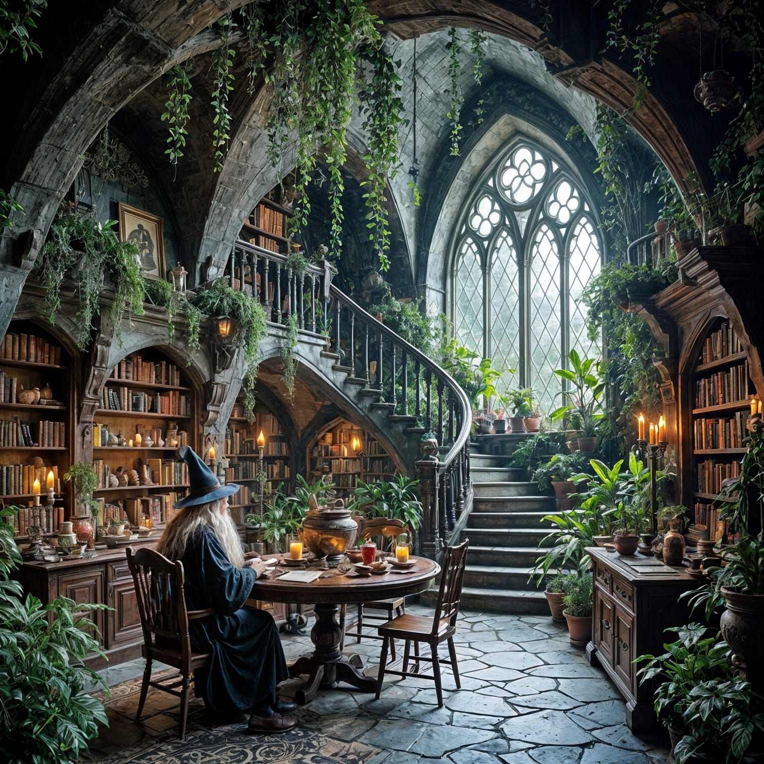 Mystical Wizard's Cavern Retreat with Magical Plants