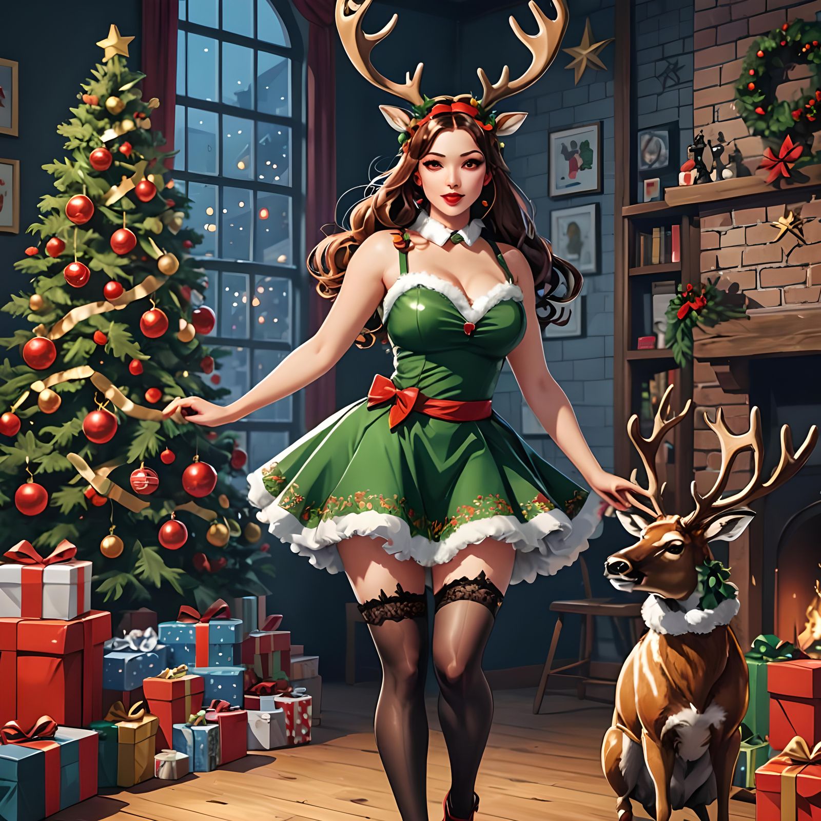 Anime Goddess in Christmas Finery, Pinup-Style