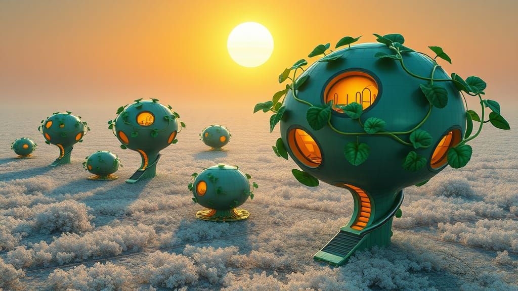 Giant Spherical Houses in Emerald Vines, Set in a Vast Sapph...