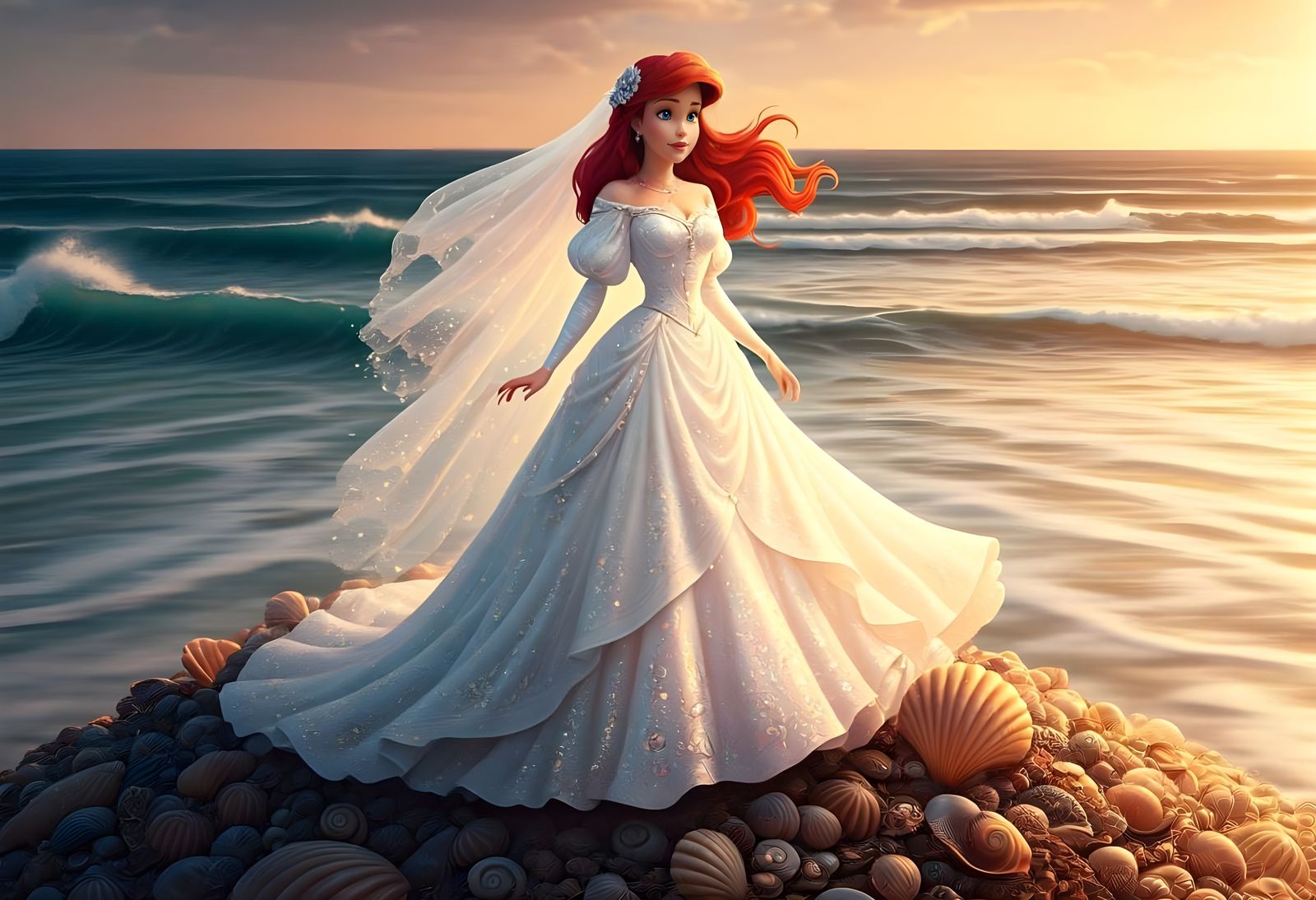 Disney Mermaid Princess Wedding Portrait in Disney Style