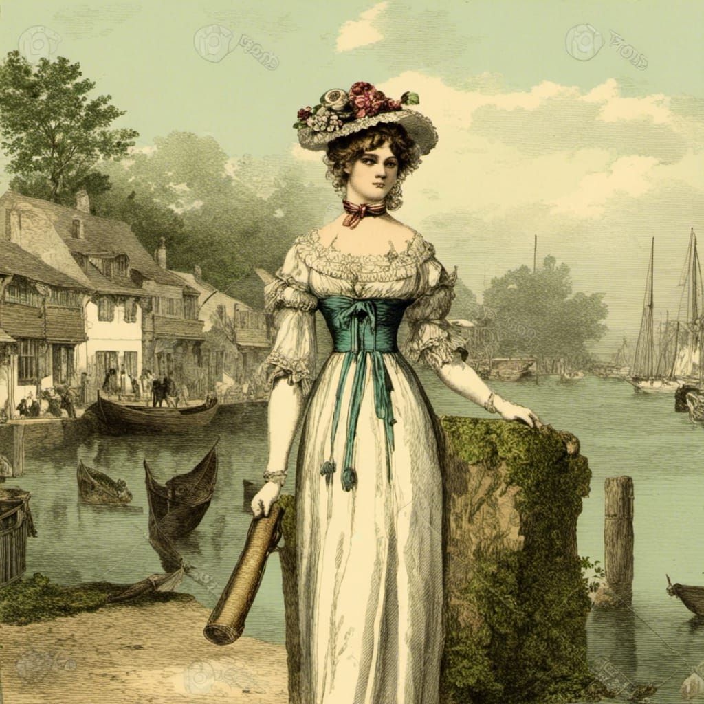 Elegant Woman in Regency Dress, 19th Century Village