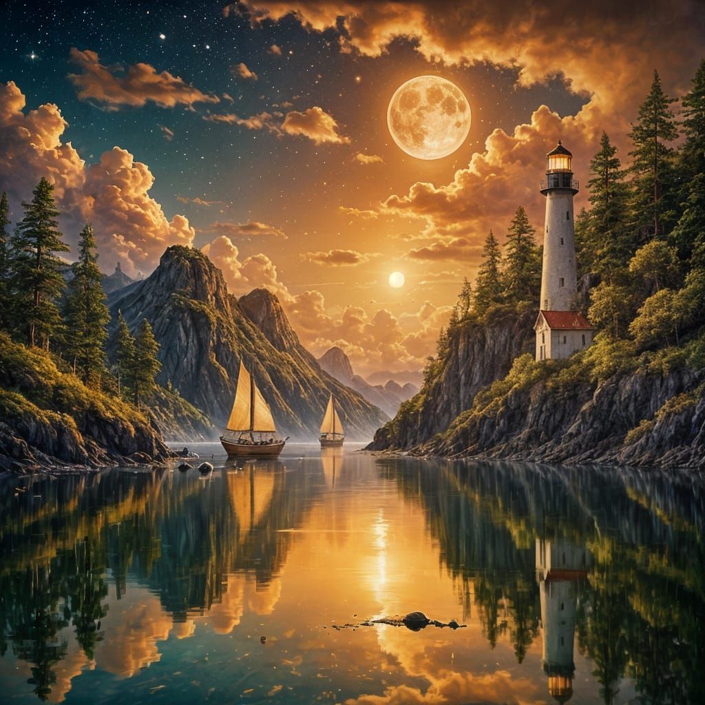 Sailboat and Lighthouse at Sunset in Fantasy Realism