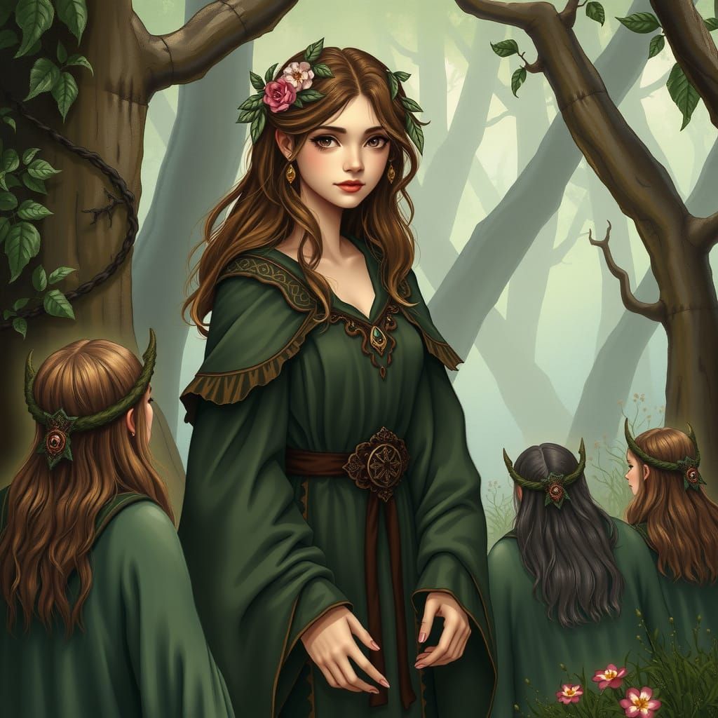 Mystical Druidess in Earthy Robes with Floral Wreath