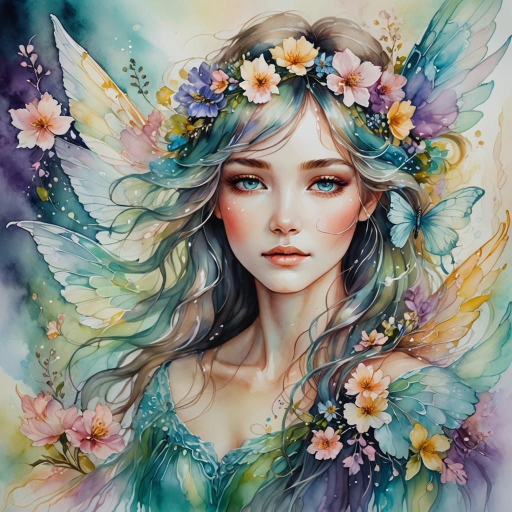 Ethereal Fairy Portrait in Alcohol Ink Style