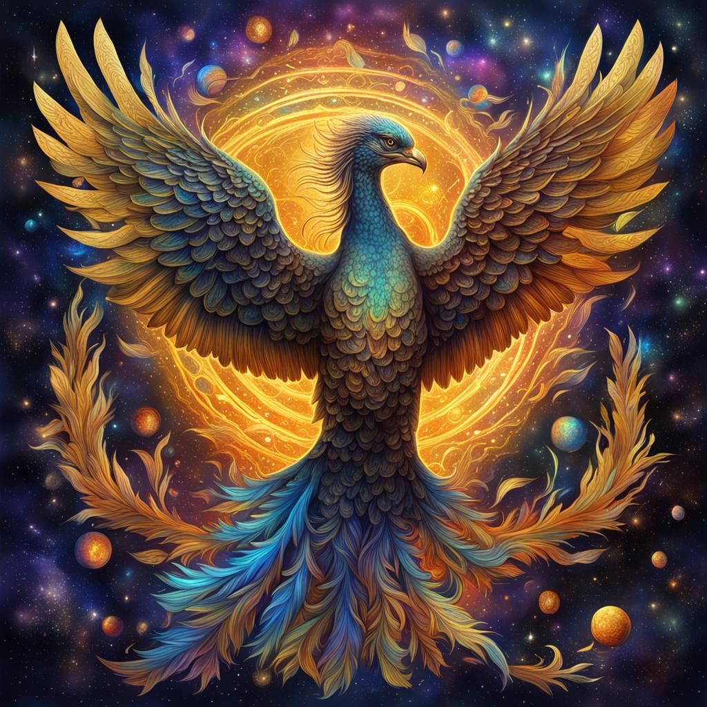 Elegant Golden Phoenix in Holographic Astral Style