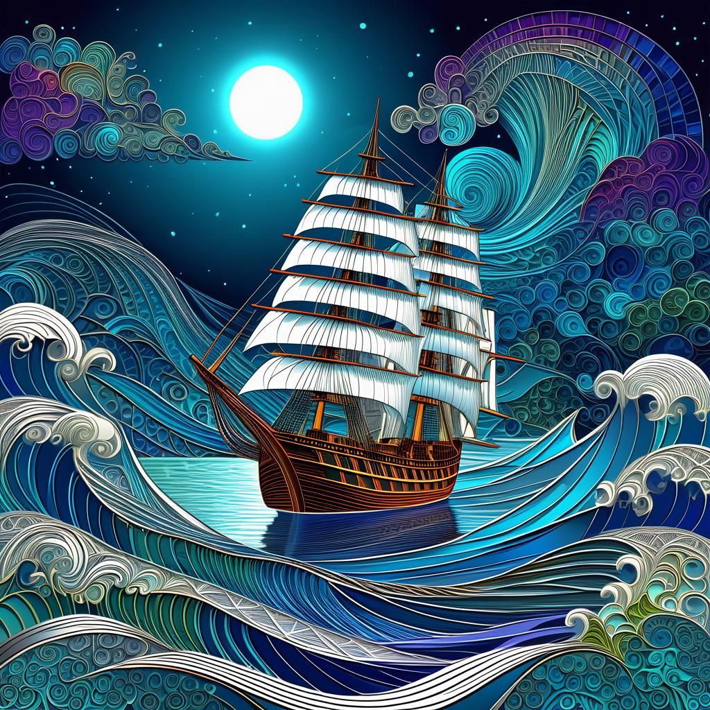 Sailing Ship Reflection in Eerie Moonlight