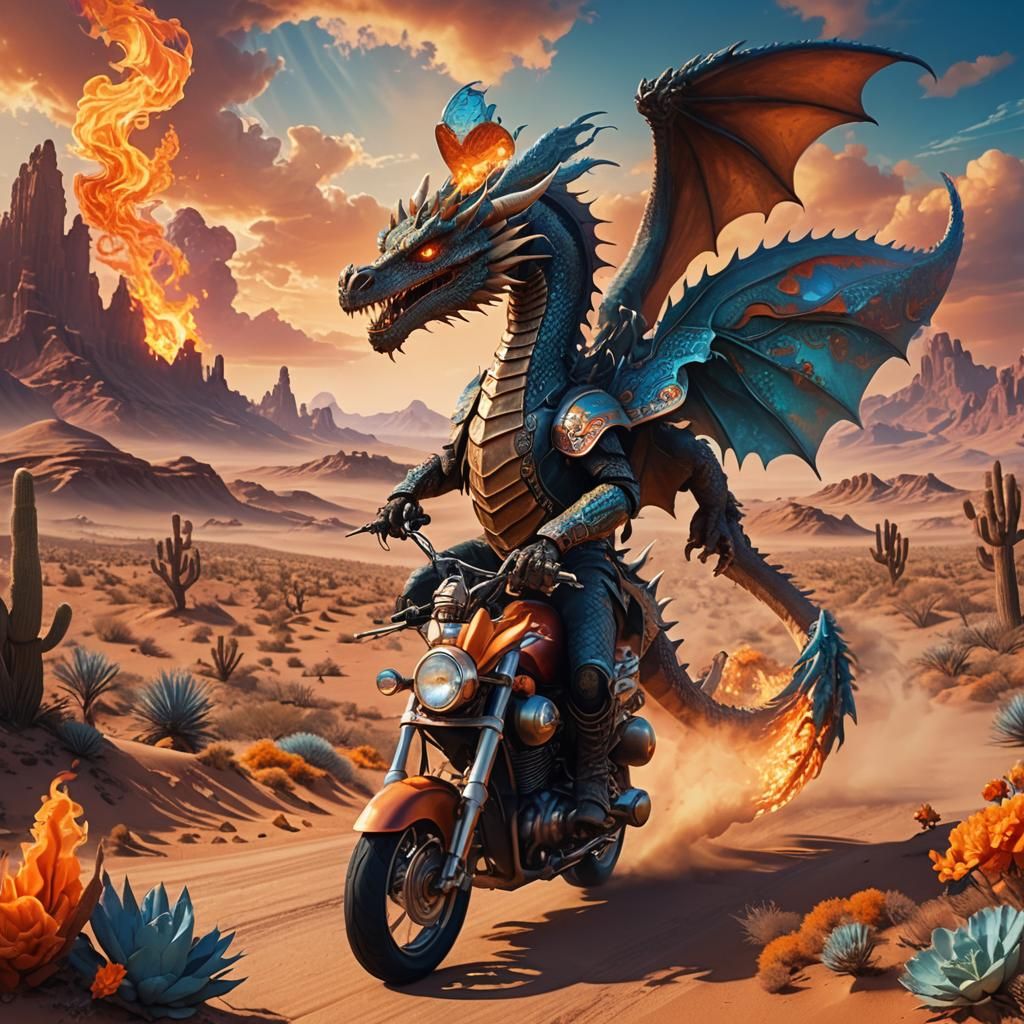 Dragon Rides Motorbike Through Mystical Desert