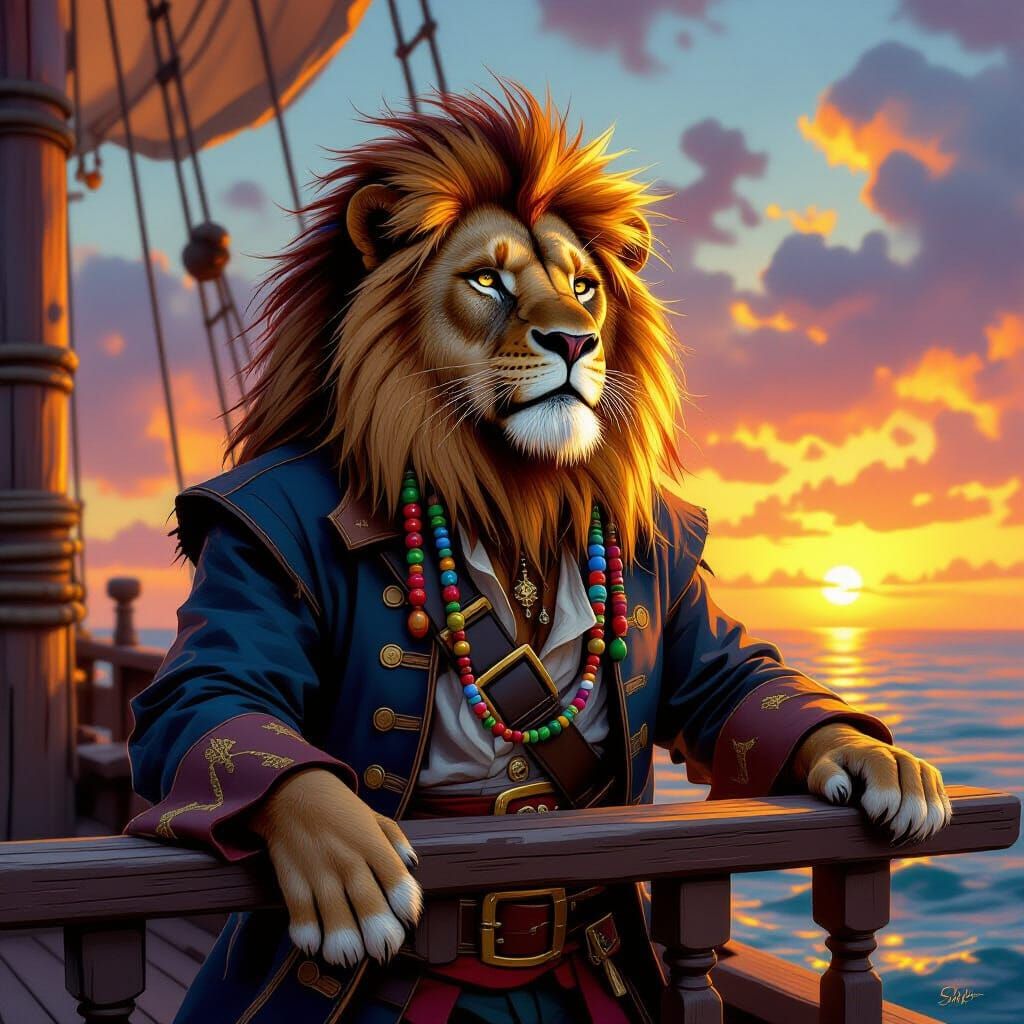 Pirate Lion at Sunset in Painterly Style