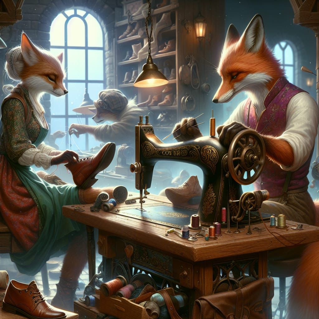 Anthropomorphic Foxes Crafting Shoes in Enchanting Shop