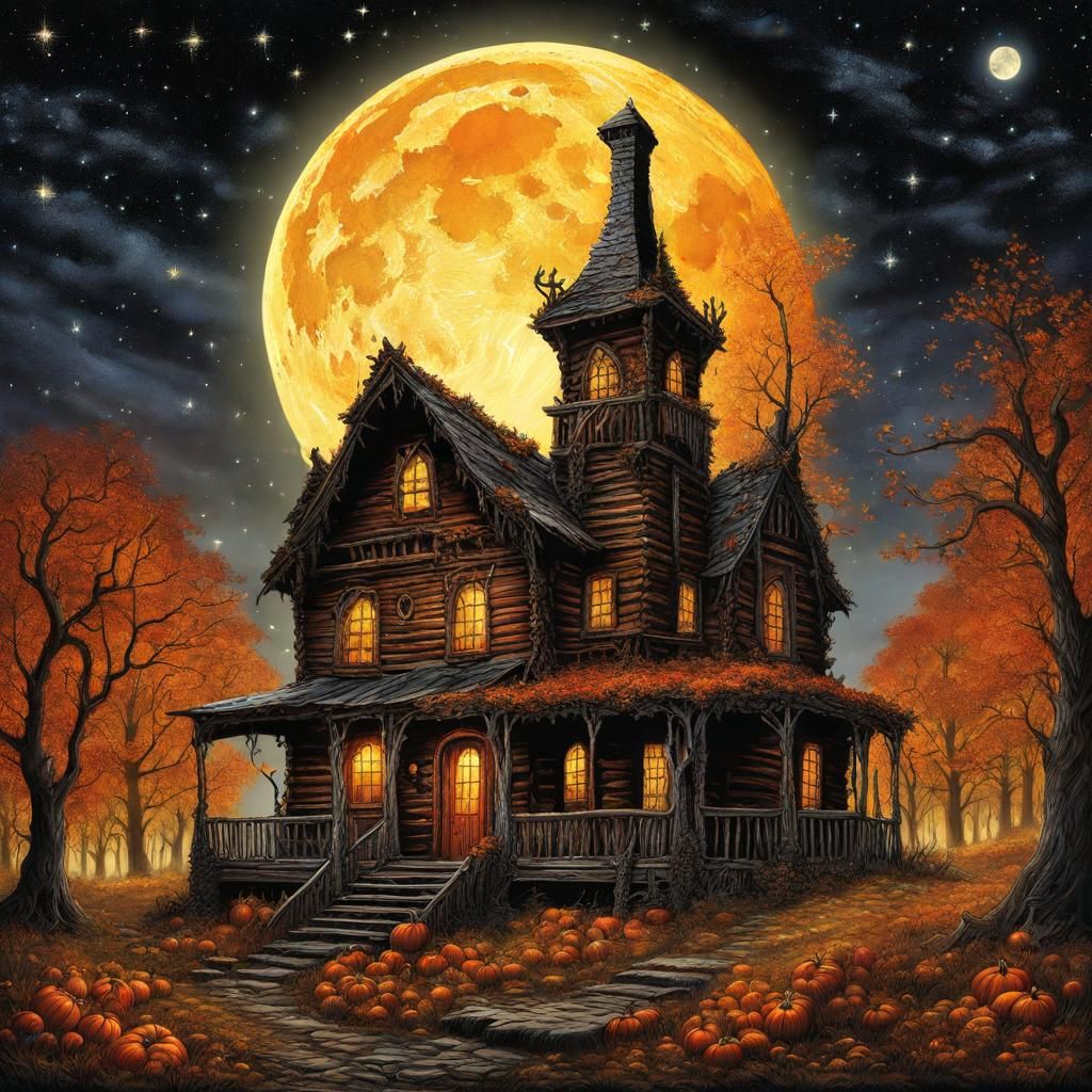 High Gothic Autumn Cabin Under Harvest Moon