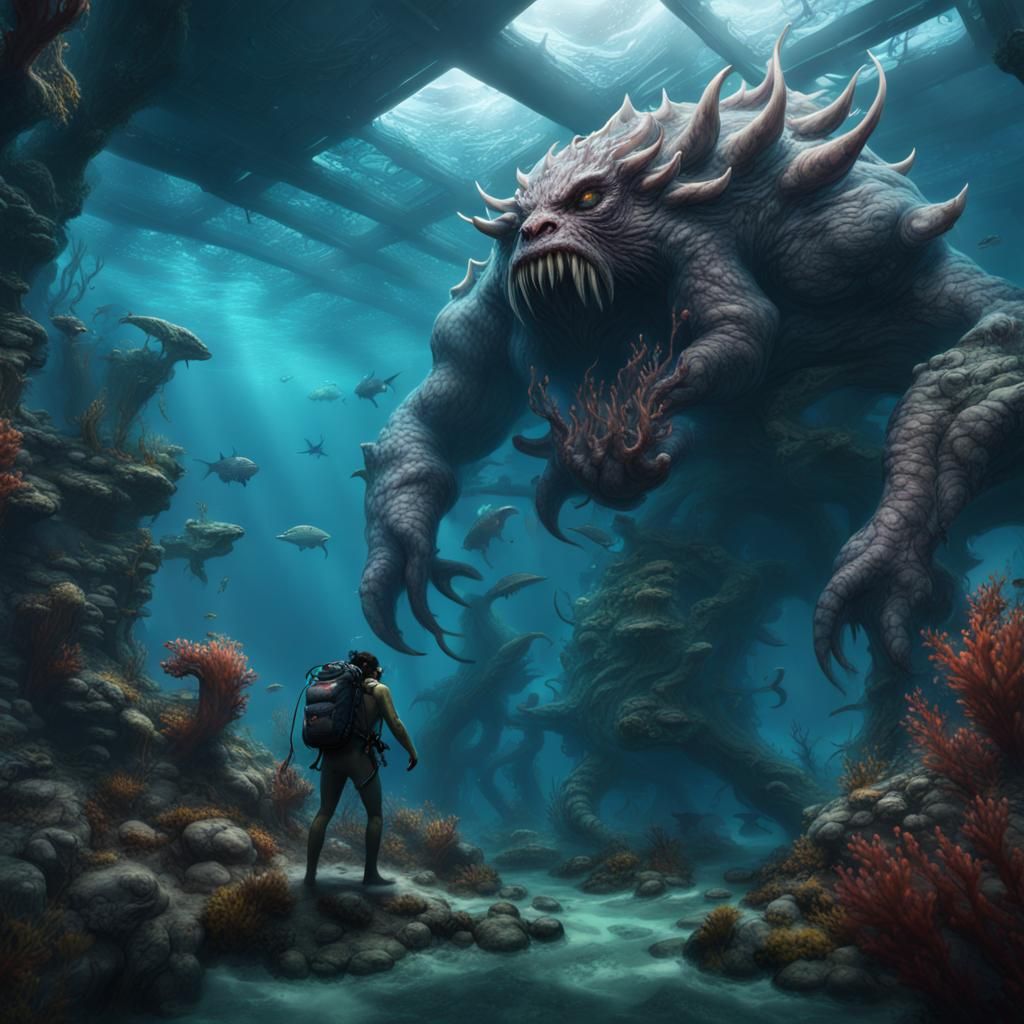 Giant Underwater Monster About to Eat Diver