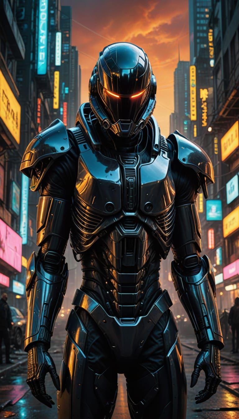 Futuristic Warrior in High-Tech Exosuit: Vibrant Oil Paintin...