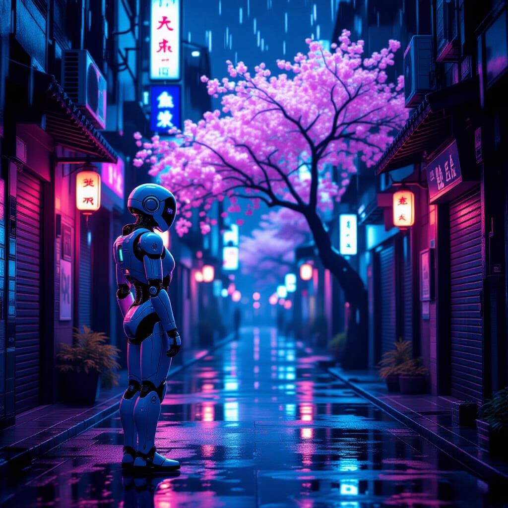 Android Gazes at Holographic Sakura Tree in Neon Alley