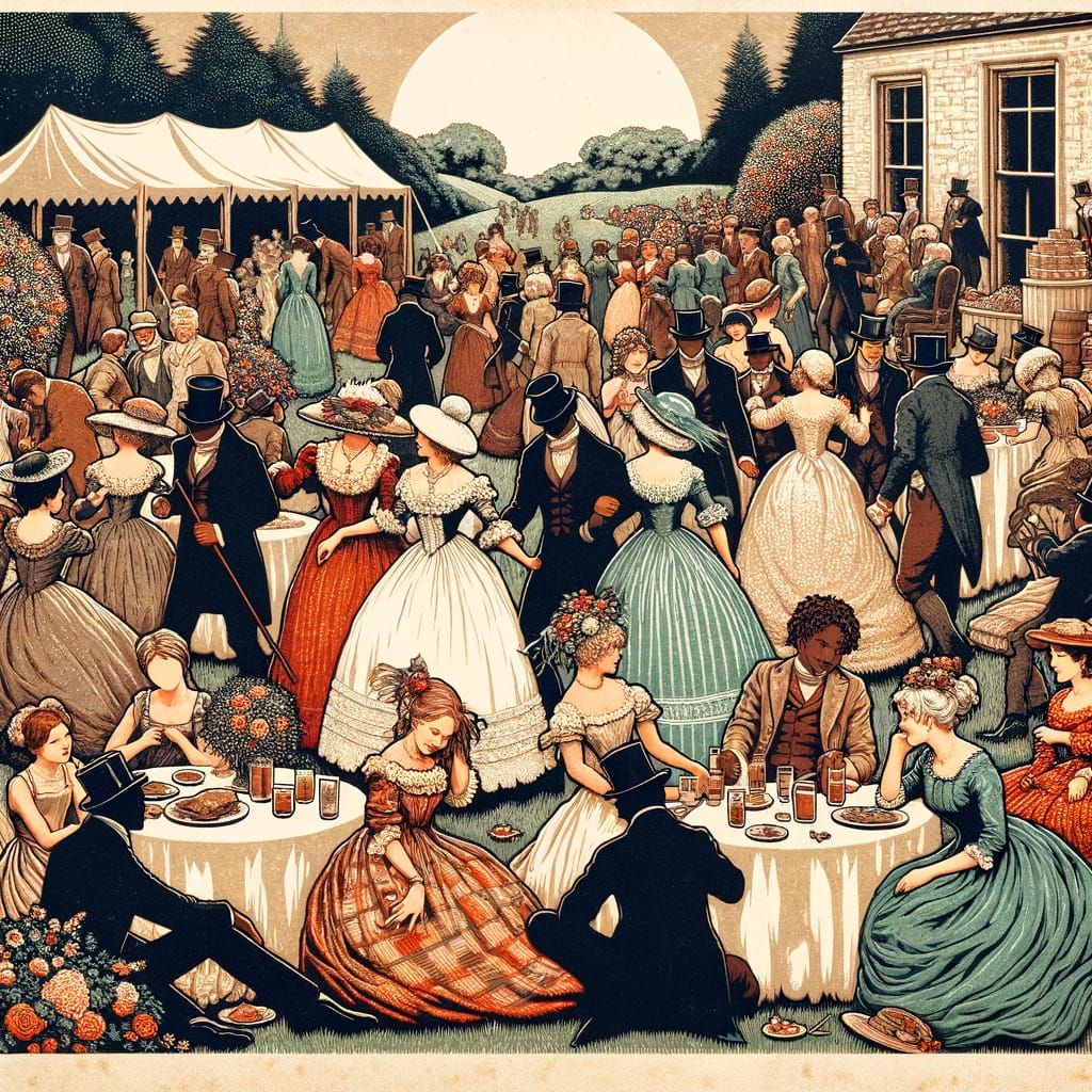 Woodcut print. People celebrating a wedding