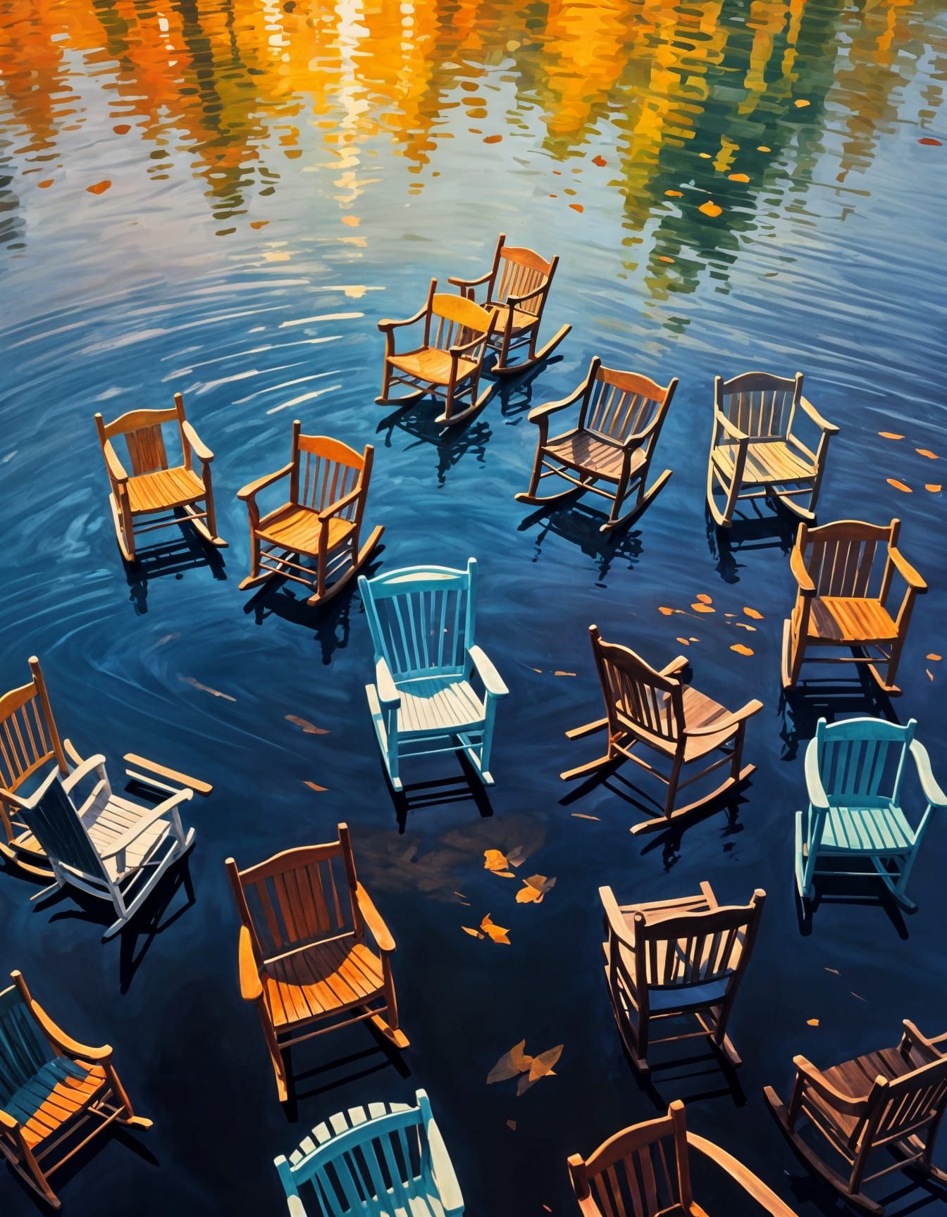 Impressionist Rocking Chairs in Flight: A Wooden Multitude
