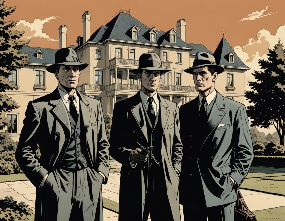 Vintage Comic Noir Detectives Stand Before a Grand Estate