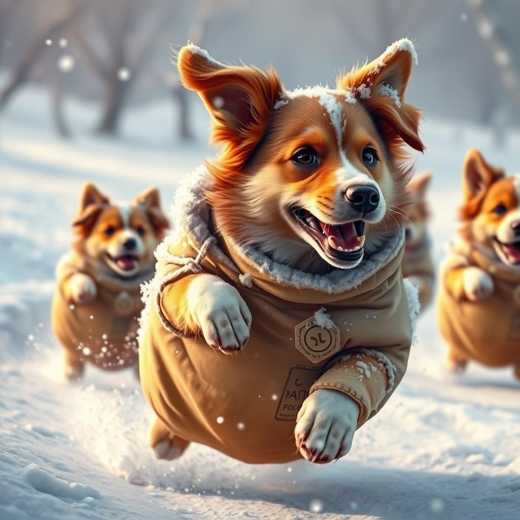 Dogs Race in Snow, Hyperrealistic Splash Art