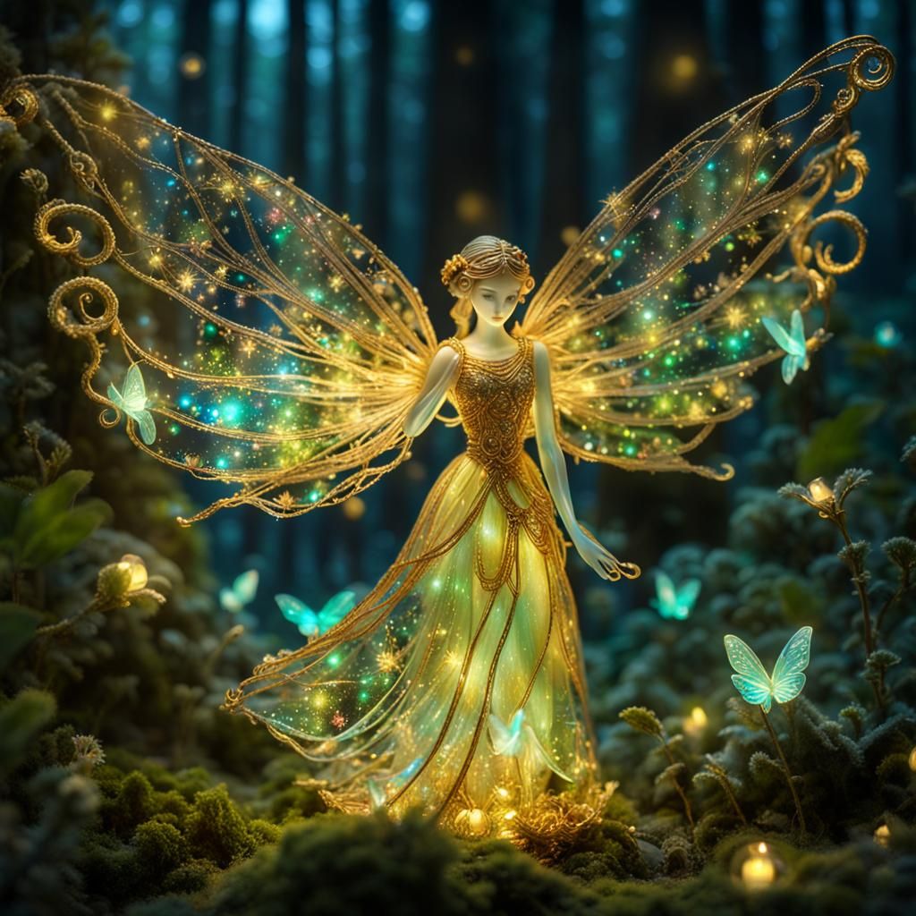 Bioluminescent Fairy in Mystical Forest: Glass Art