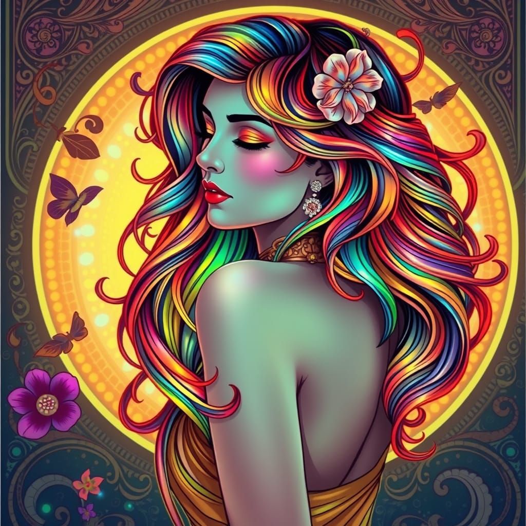 Ethereal Art Nouveau Woman with Glowing Rainbow Curls