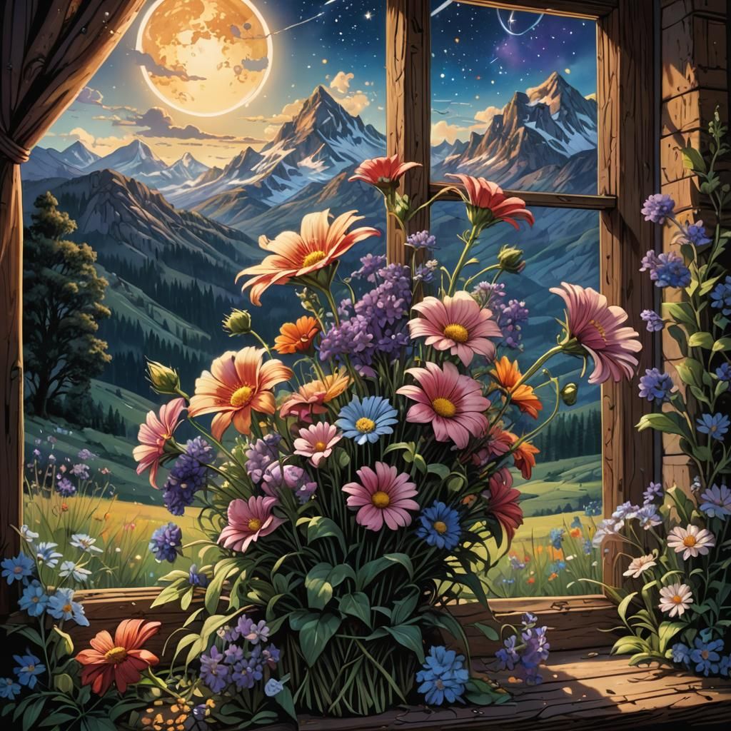 Hyperrealistic Bouquet with Starry Mountain View