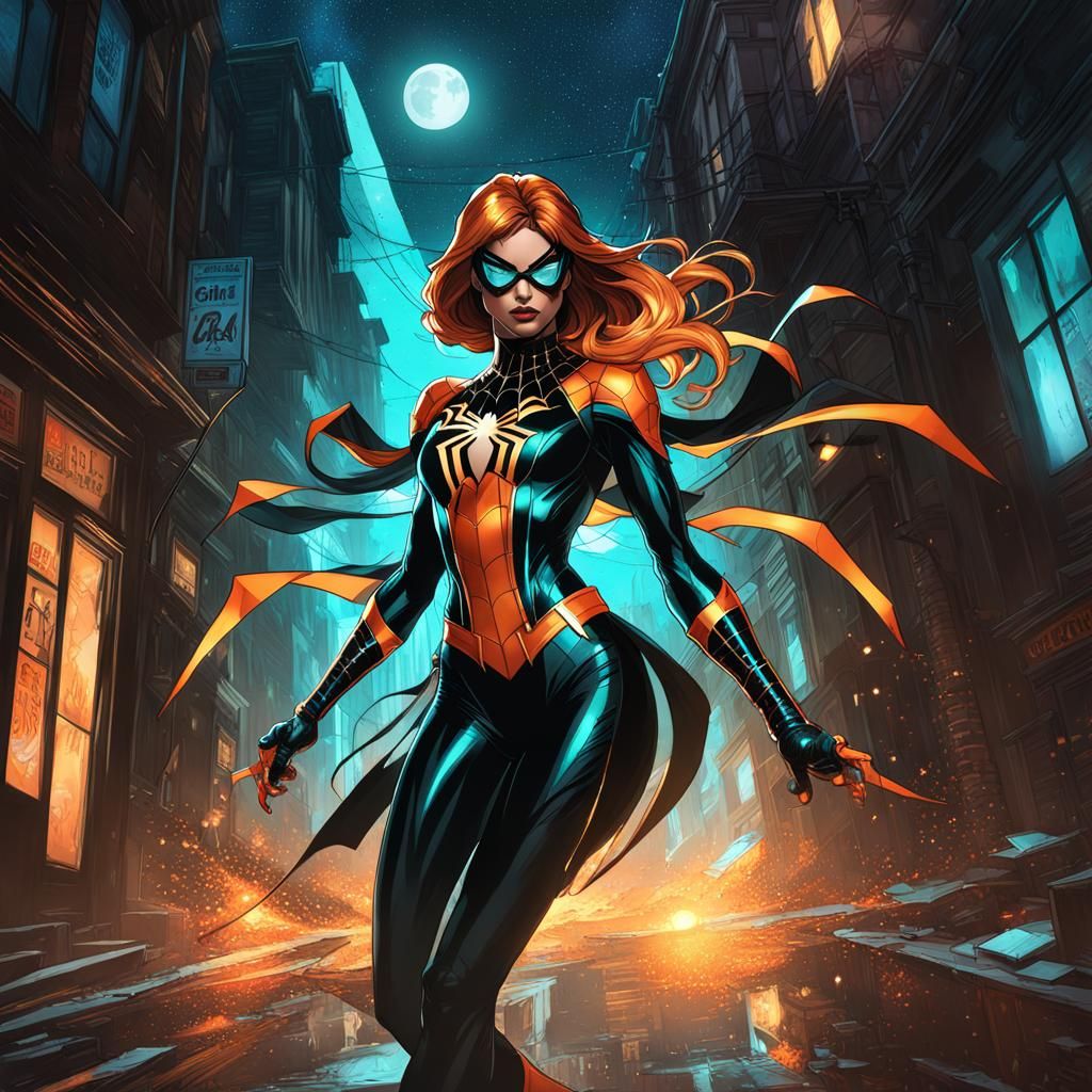 Spider-Girl in Moonlit Alley, Cel-Shaded Alcohol Ink