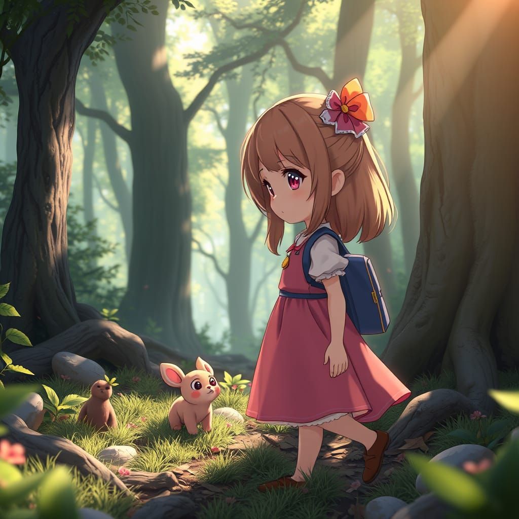 Anime Girl Discovers Cute Creature in Enchanted Forest