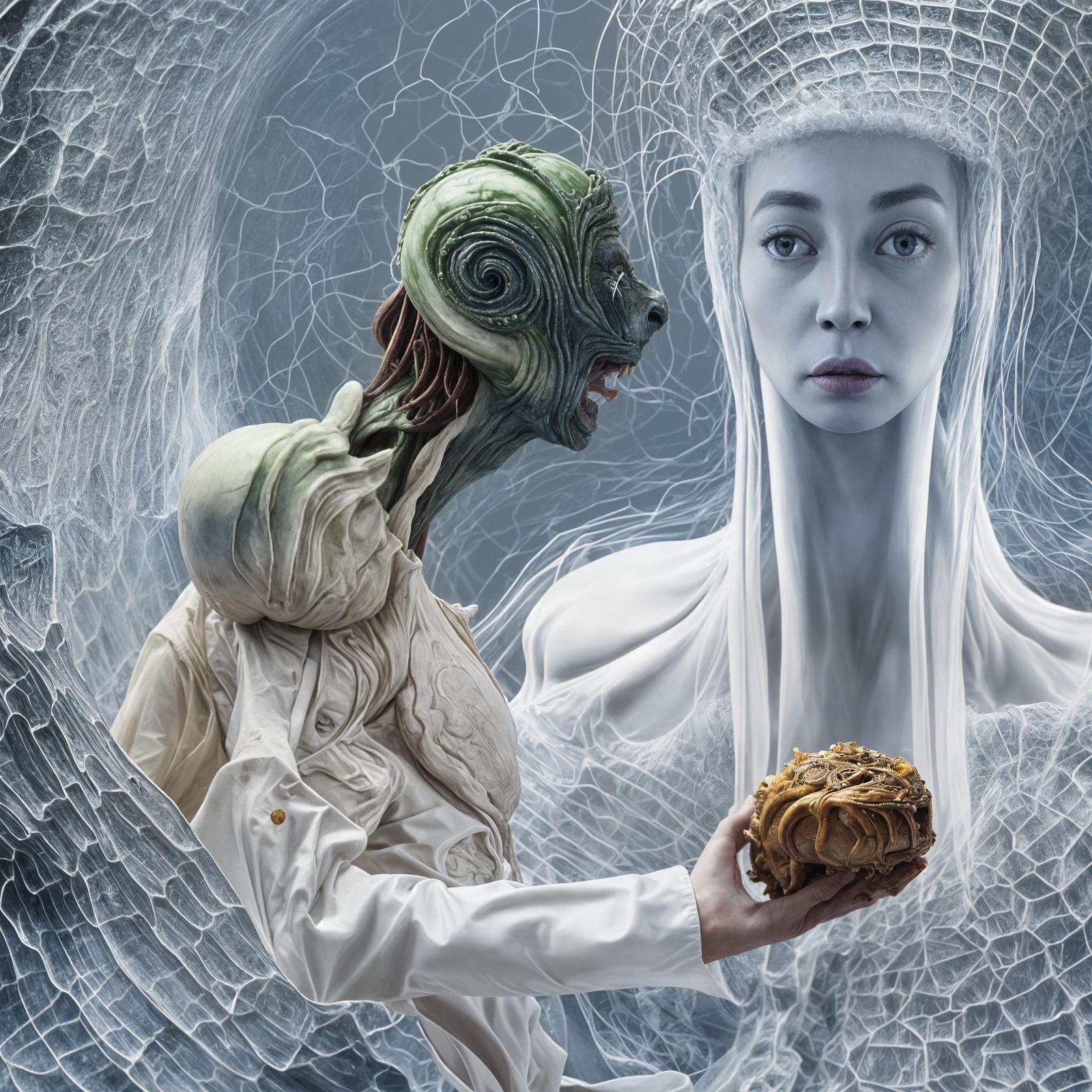 Bizarre Feast of Futuristic Beings, Hyperrealistic Detail