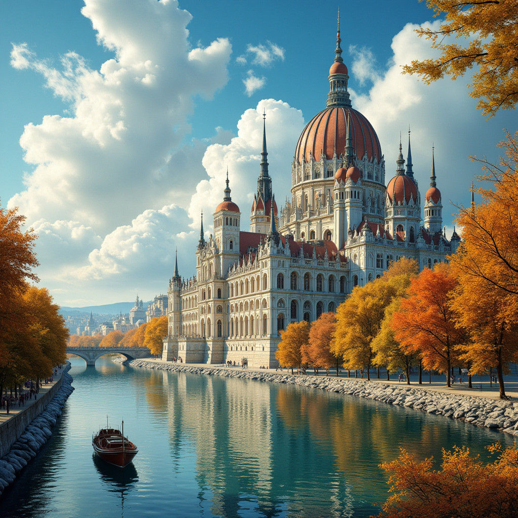 Neo-Gothic Palace Reflecting in River, Autumnal Scene