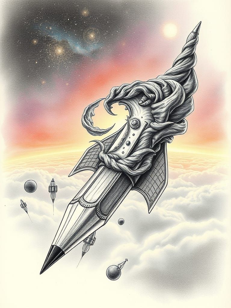 Pencil Transforms into Vintage Space Rocket in Cosmic Art