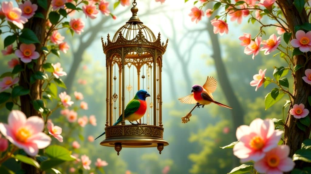 <lora:Automne dore:1.0> A huge Victorian birdcage, suspended...