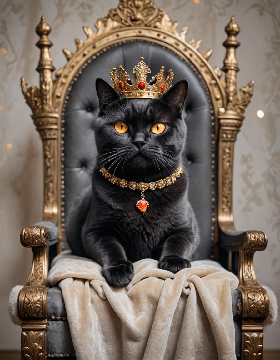 Crowned Black Cat on Throne: British Shorthair Majesty