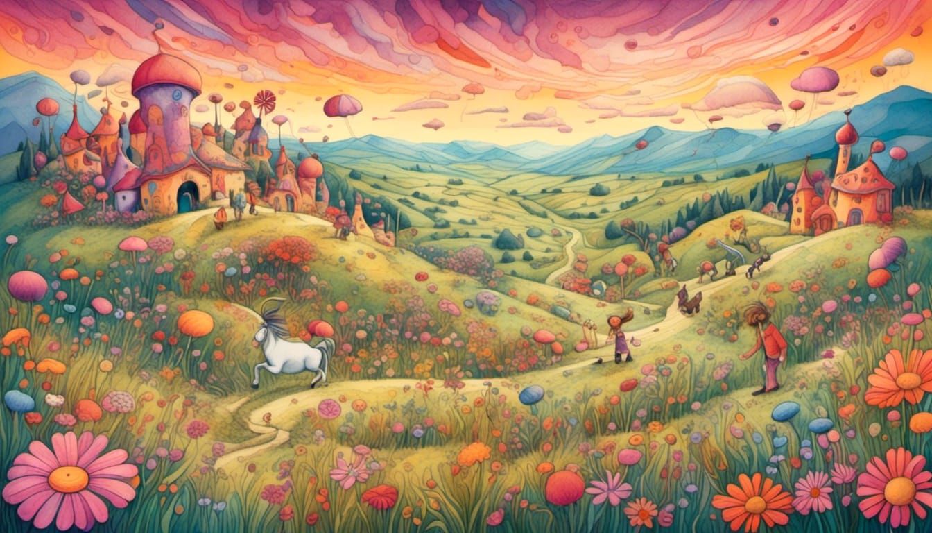 Magic Roundabout in Surreal Sunset Meadow