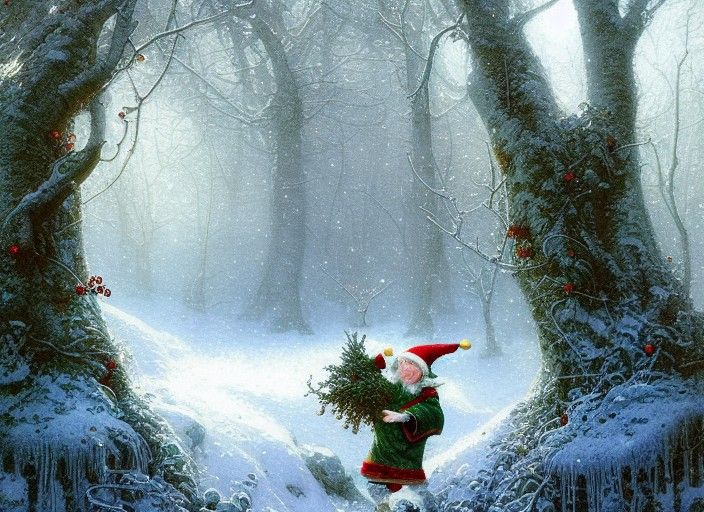 Intricate Winter Elf with Holly Crown in Snowy Forest