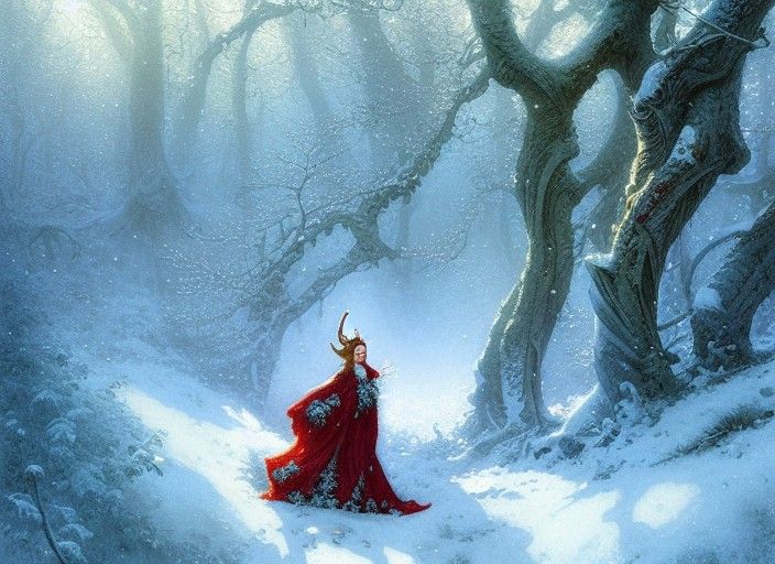 Winter Elf in Snowy Forest, Fantasy Art