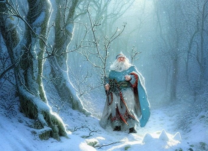 Winter Elf with Holly Crown in Snowy Forest