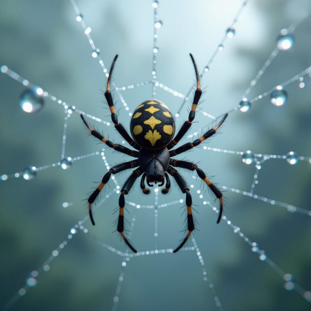 Cute Spider on Web with Dewdrops, 3D Photorealistic Render