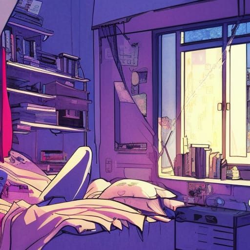 Cyberpunk Lo-fi Teenage Bedroom Comic Book Illustration