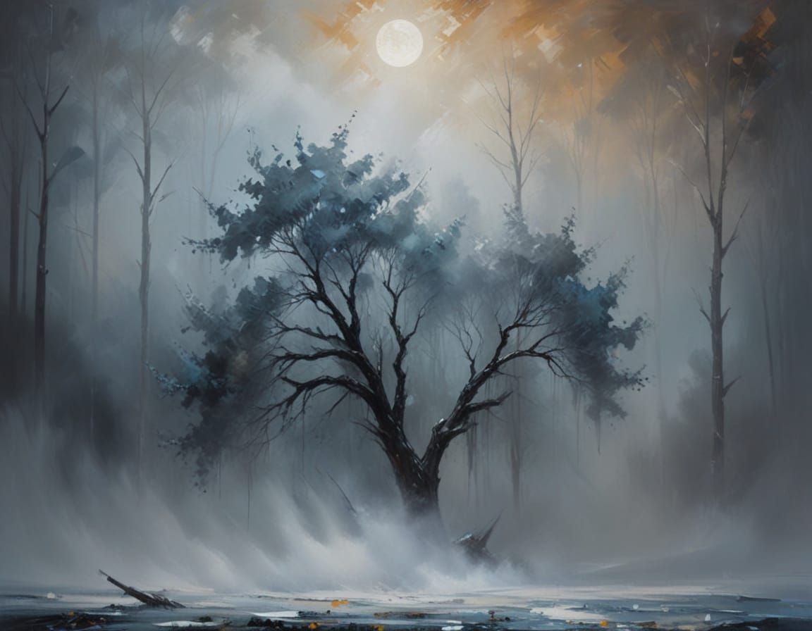 Melting Forest Impasto Oil Painting in Fog
