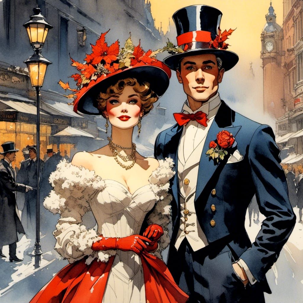 Festive London Scene with Fashionable Couple