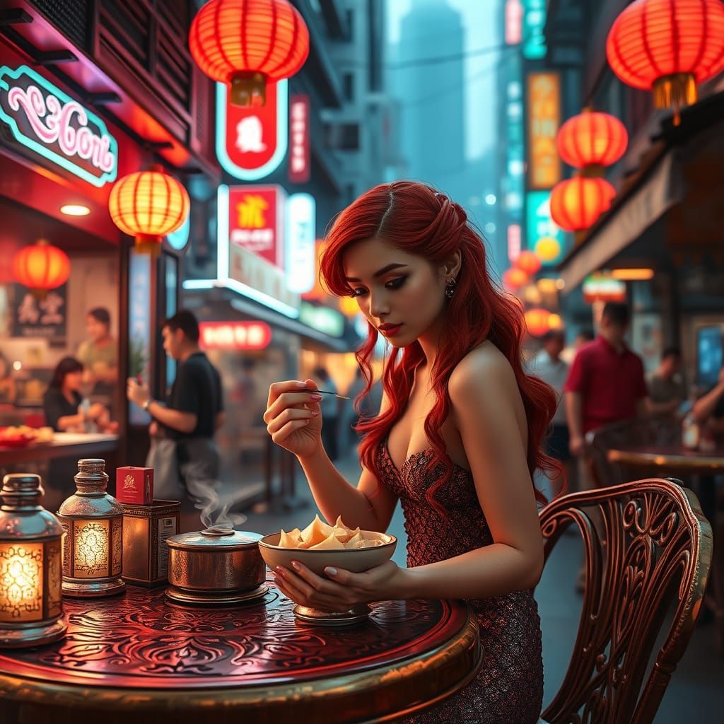 Mermaid Savoring Har Gow in Hong Kong Night Market
