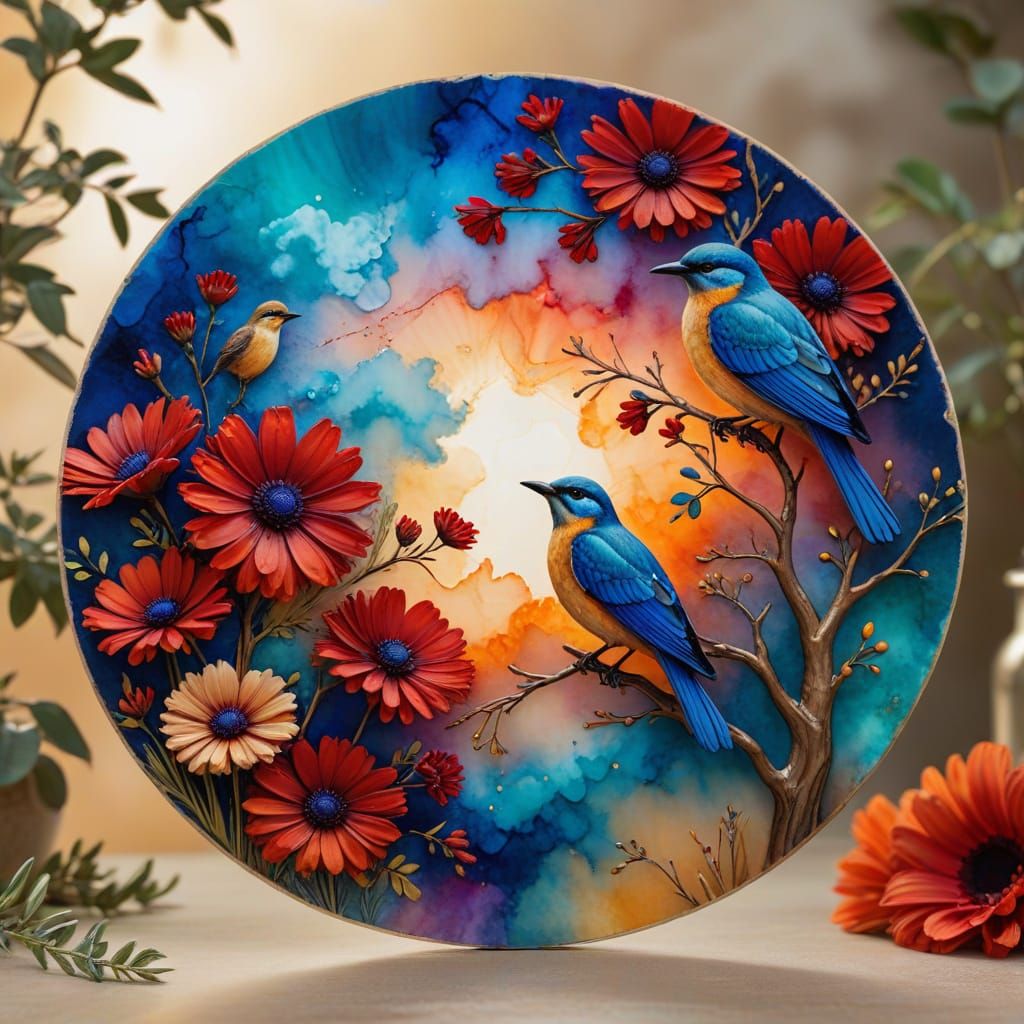 Circular Alcohol Ink Art with Daisies, Tree, and Bird