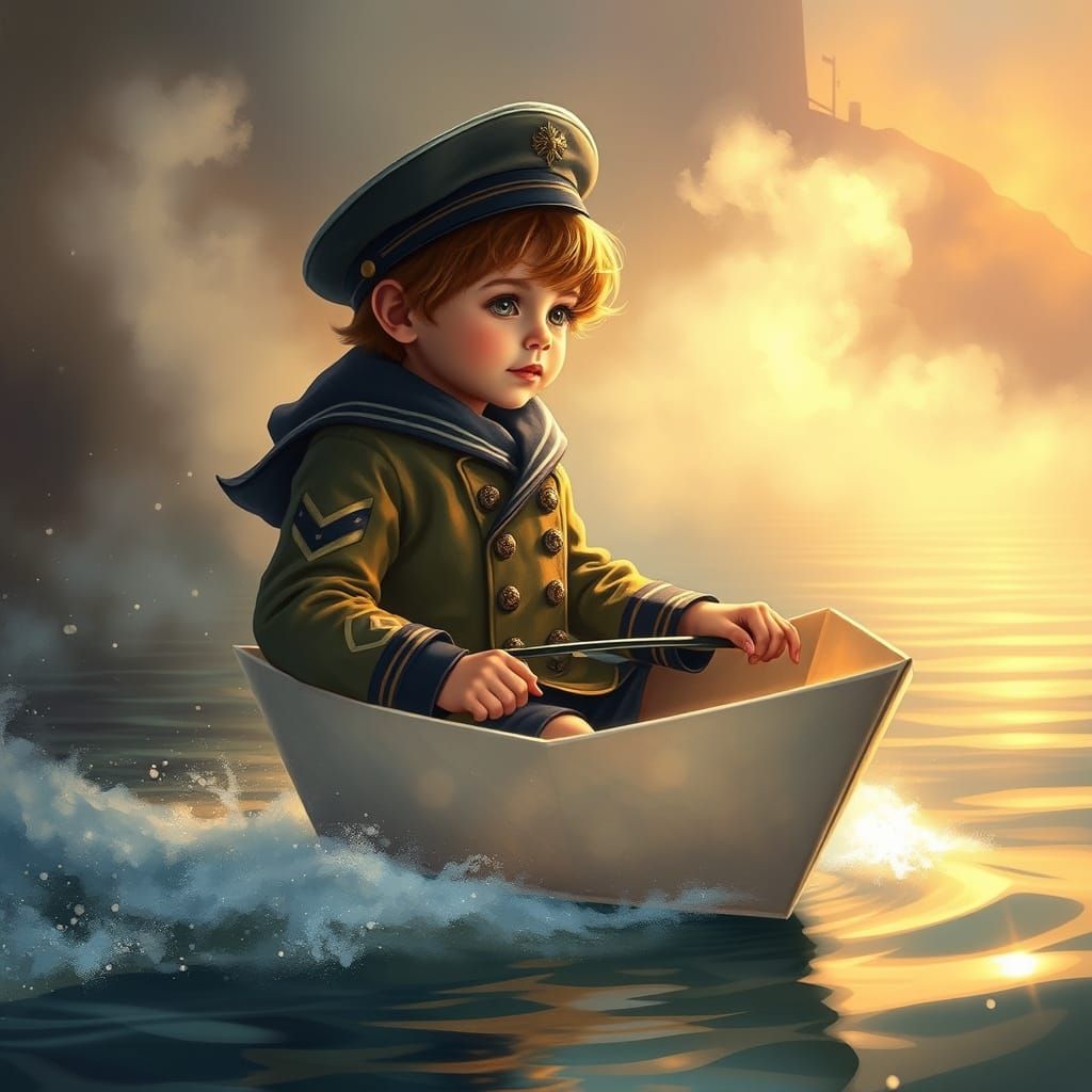 Young Sailor on Paper Boat in Dreamlike Style