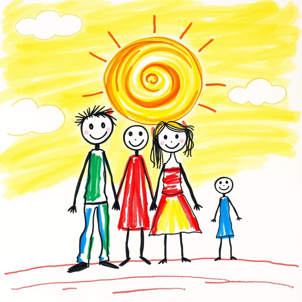 Crayon-Style Stick Figure Family in Sunny Landscape