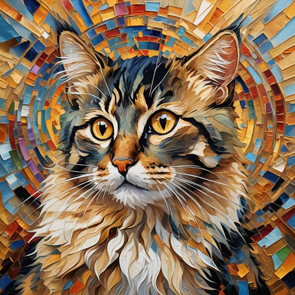 Impressionist Cat Mesmerized by Kaleidoscope Colors