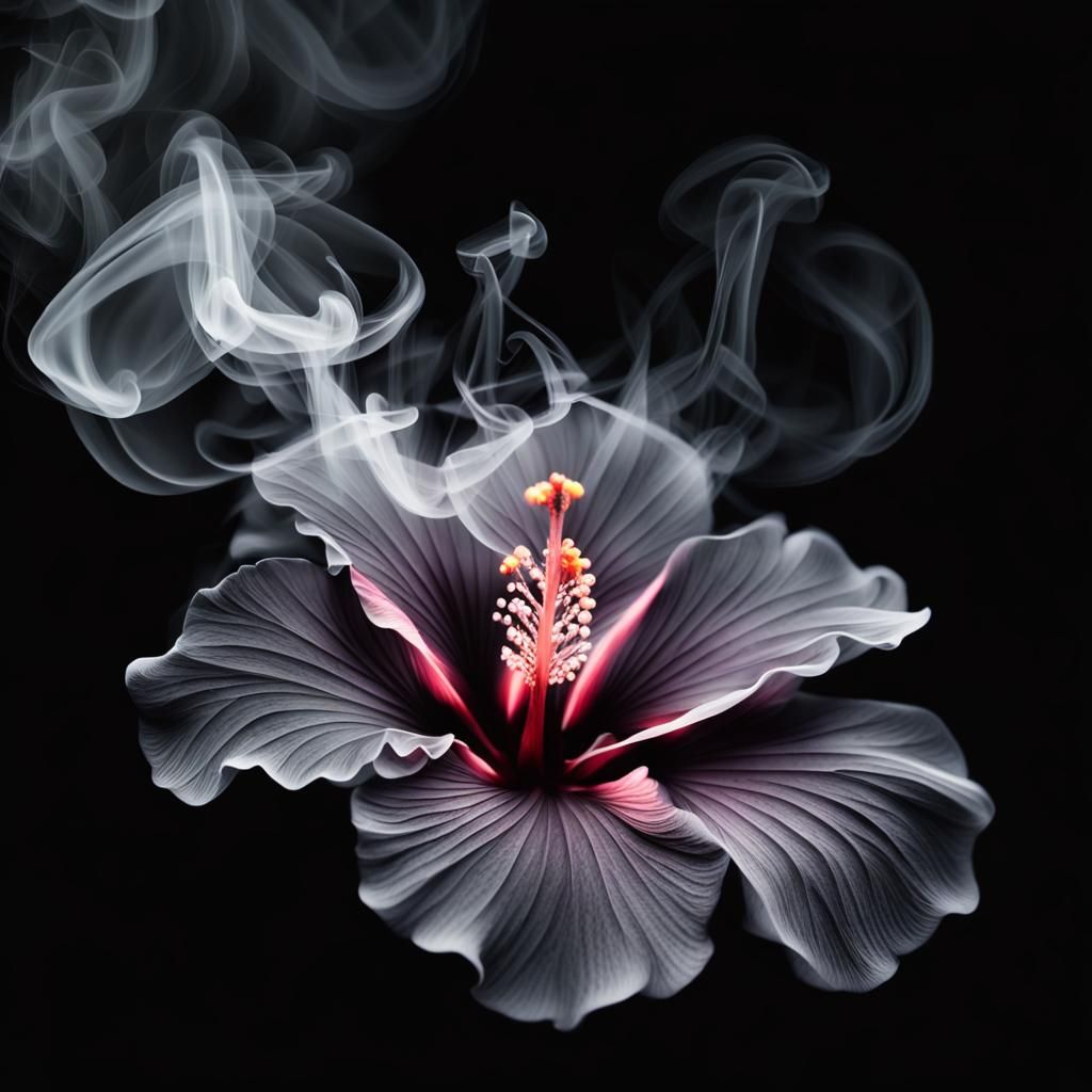 Smoke Hibiscus Pixel Art on Black Background