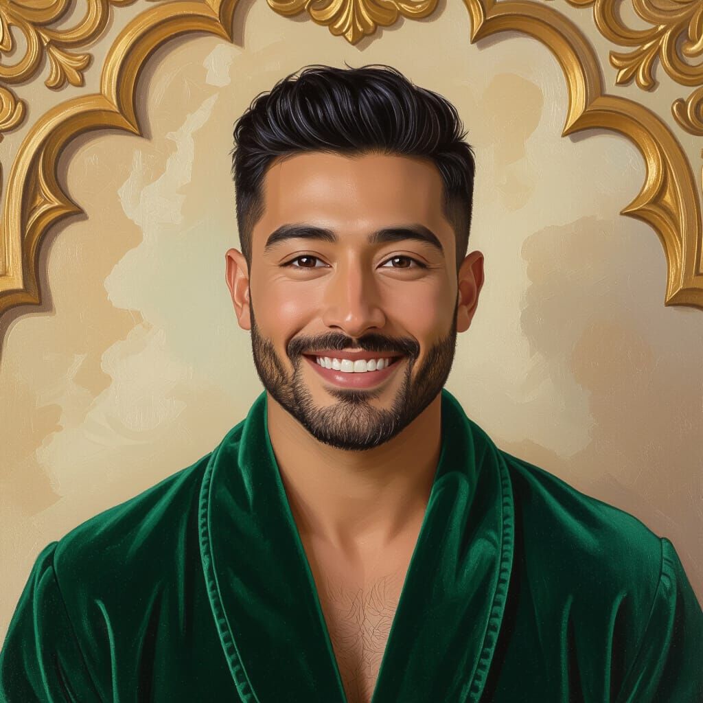 Serene Peruvian Man in Emerald Velvet Robe