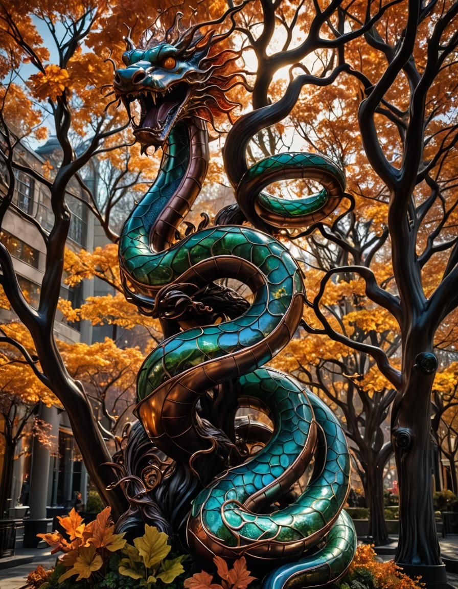 Backlit Copper Serpent Statue Around Glass Tree
