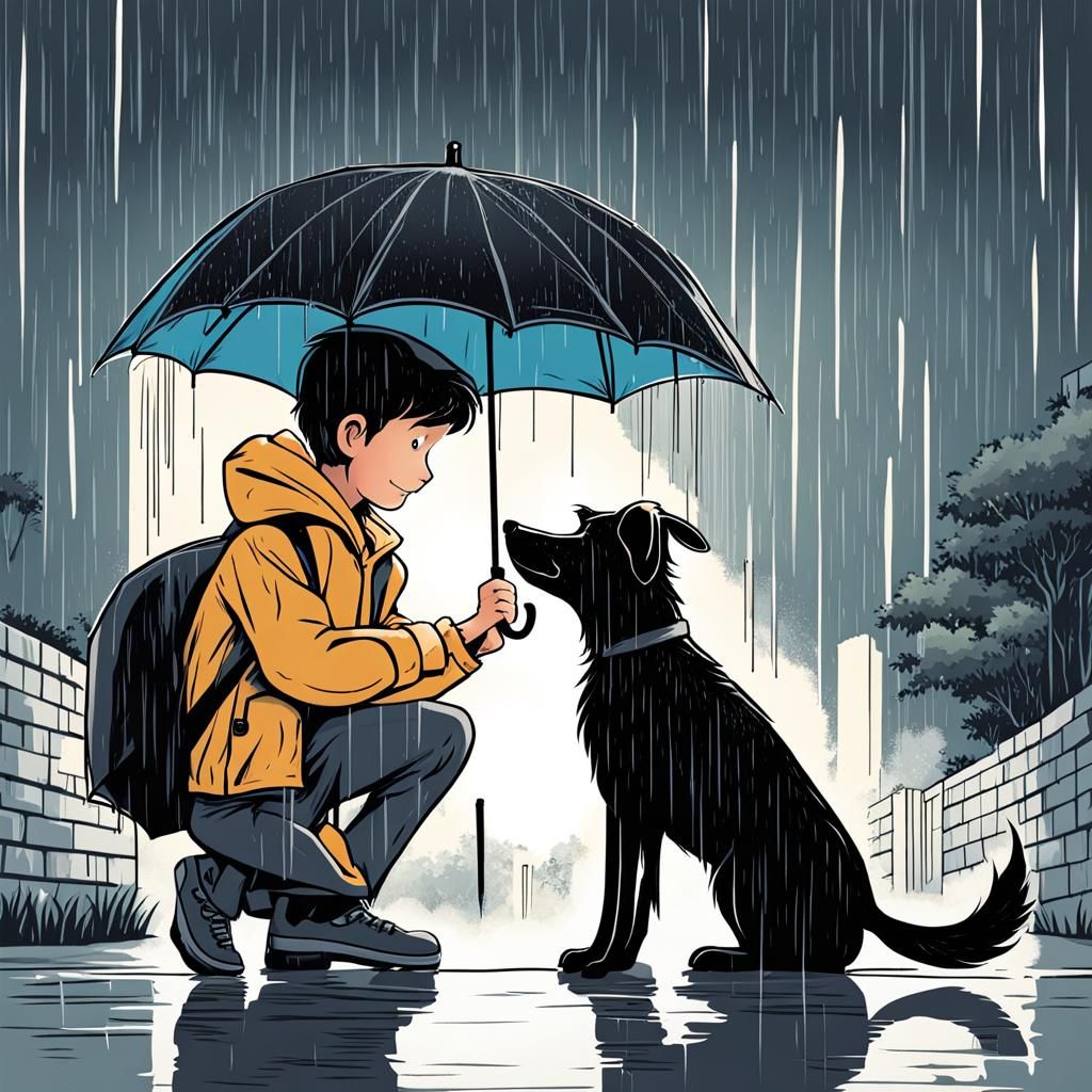 Boy Shares Umbrella With Dog in Downpour Illustration