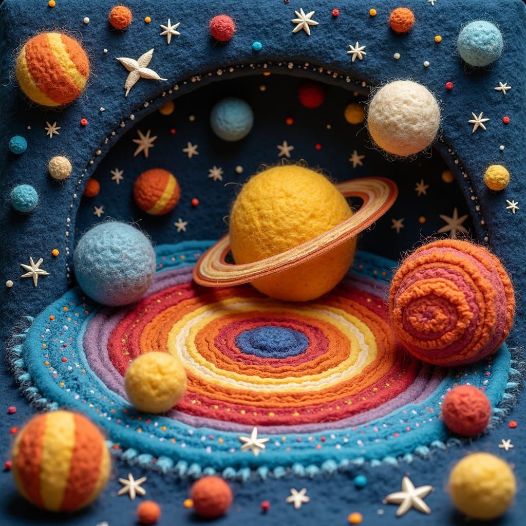 Felt Diorama of the Solar System in Folk Art Style