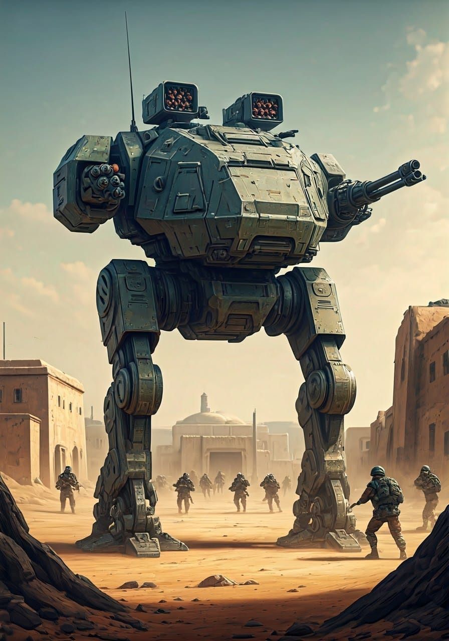 Colossal Combat Mech in War-Torn Desert, 3D Render